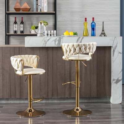 Curved Braided Low Back Velvet Bar Stools Set of 2 with Swivel Seat, Golden Chrome Footrest and Base - Height Adjustable