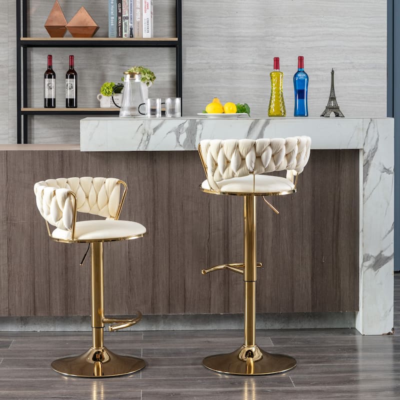 Set of 2 Adjustable Swivel Bar Stools, Cream Velvet with Chrome Footrest & Gold Legs
