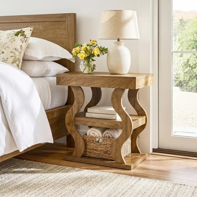 3-Tier Narrow Wooden End Table, Nightstand With Open Storage Shelf