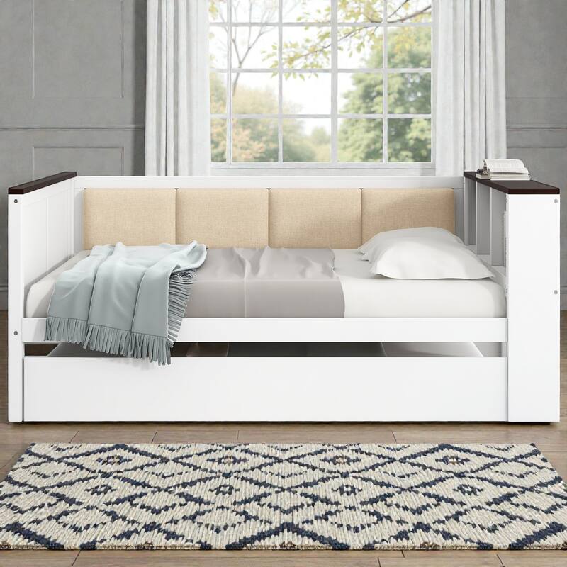 Wood Daybed with Storage Shelves, Upholstered Backrest, USB Charging Station and Trundle