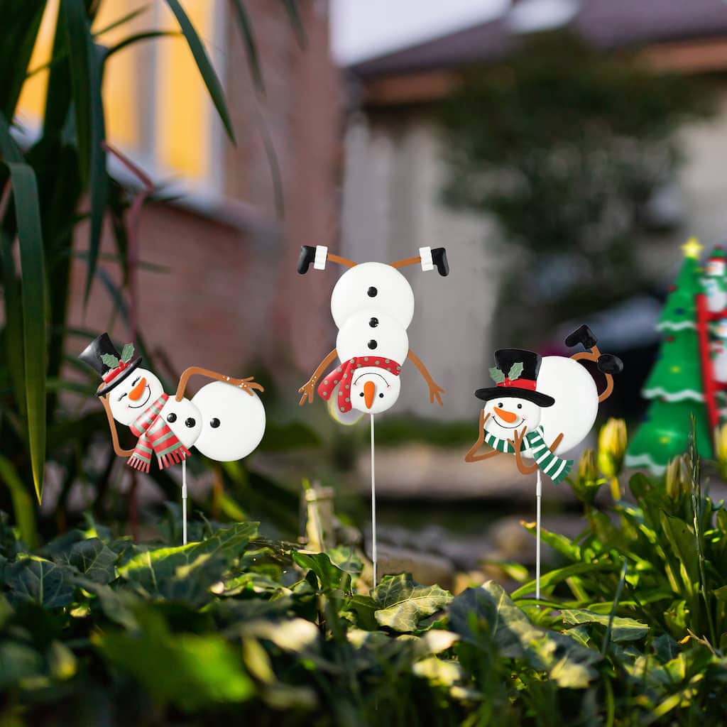 Glitzhome 24"H Set of 3 Christmas Metal Snowman Yard Stake Wall Decor