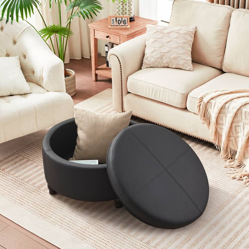 Faux Leather Round Storage Ottoman