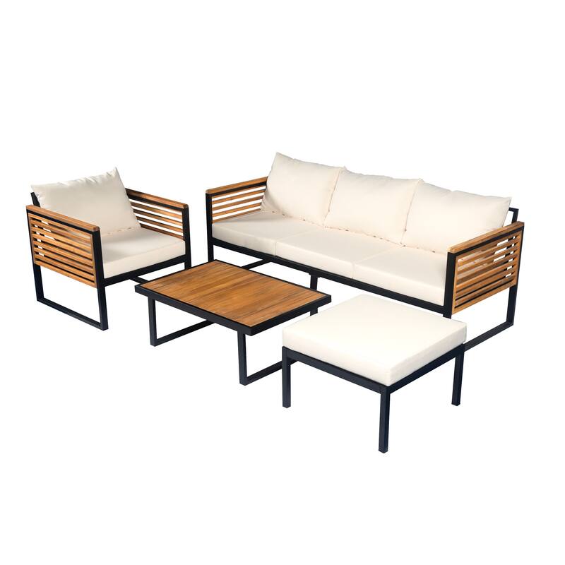 3-Piece Outdoor Patio Furniture Set with Wood Frame and Cushioned Seating, Industrial Style Sofa Set with Table and Ottomans