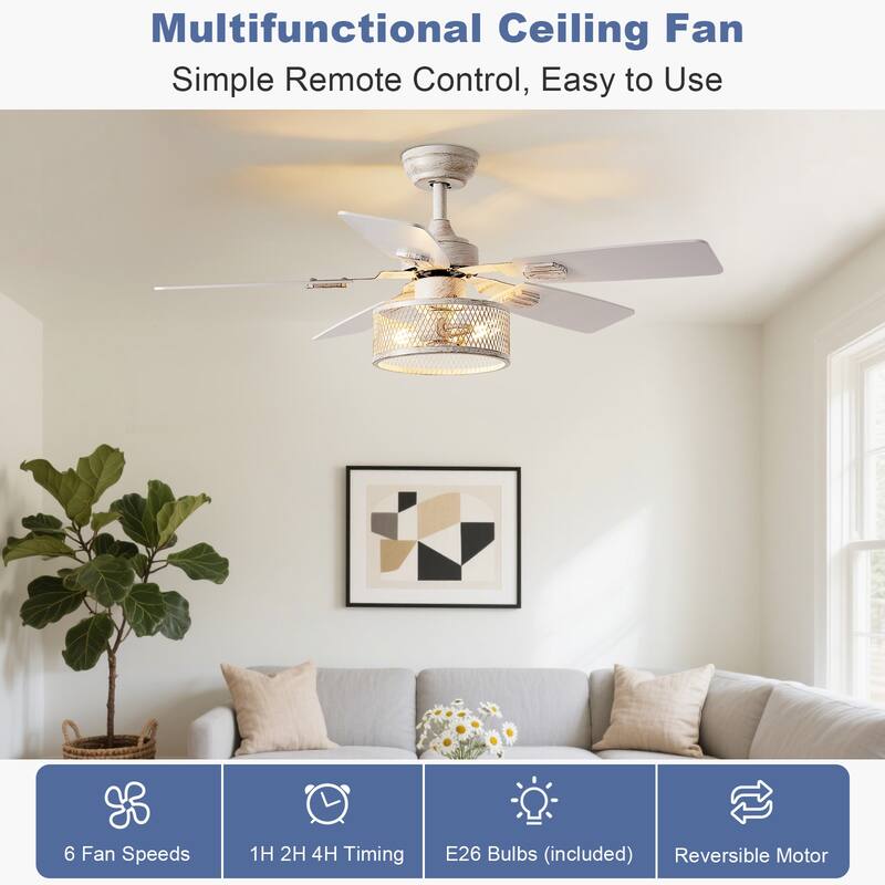 42-52Inch Caged Ceiling Fans with Lights: Dual Finish 5 Blades - Rustic with Remote Control (E26 Bulb Included)