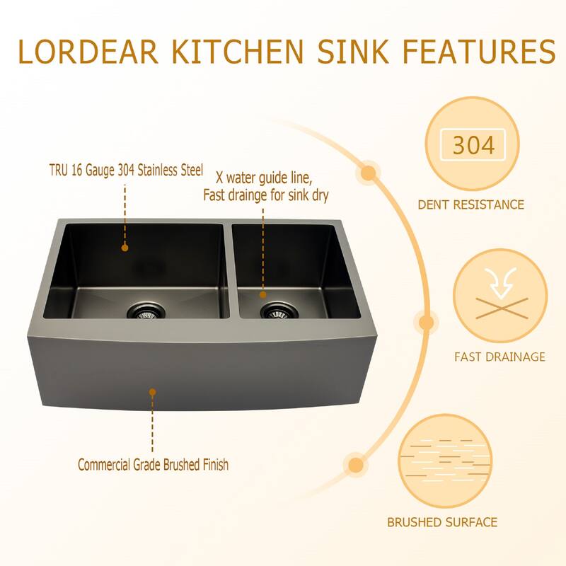 33inch Apron-Front Farmhouse Dual Bowl Stainless Steel Kitchen Sink
