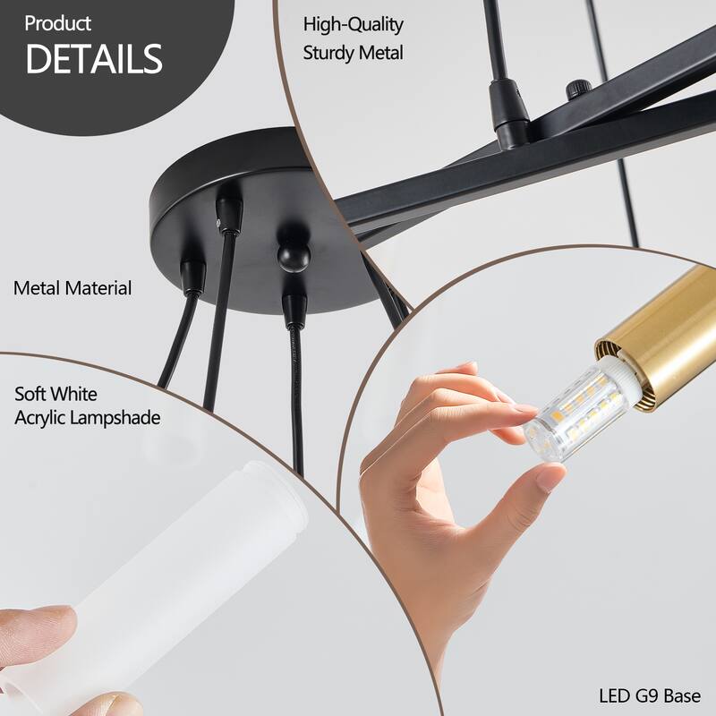 Modern Simple Chandelier with Frosted Tubes, Black Cords, for Dining Room, Living Room and Kitchen Island, Bulb Not Included