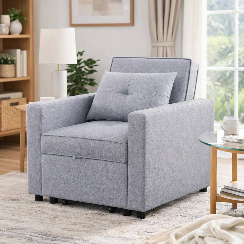 Vito 34 Inch Convertible Sleeper Armchair, Side Pocket, Light Gray Linen