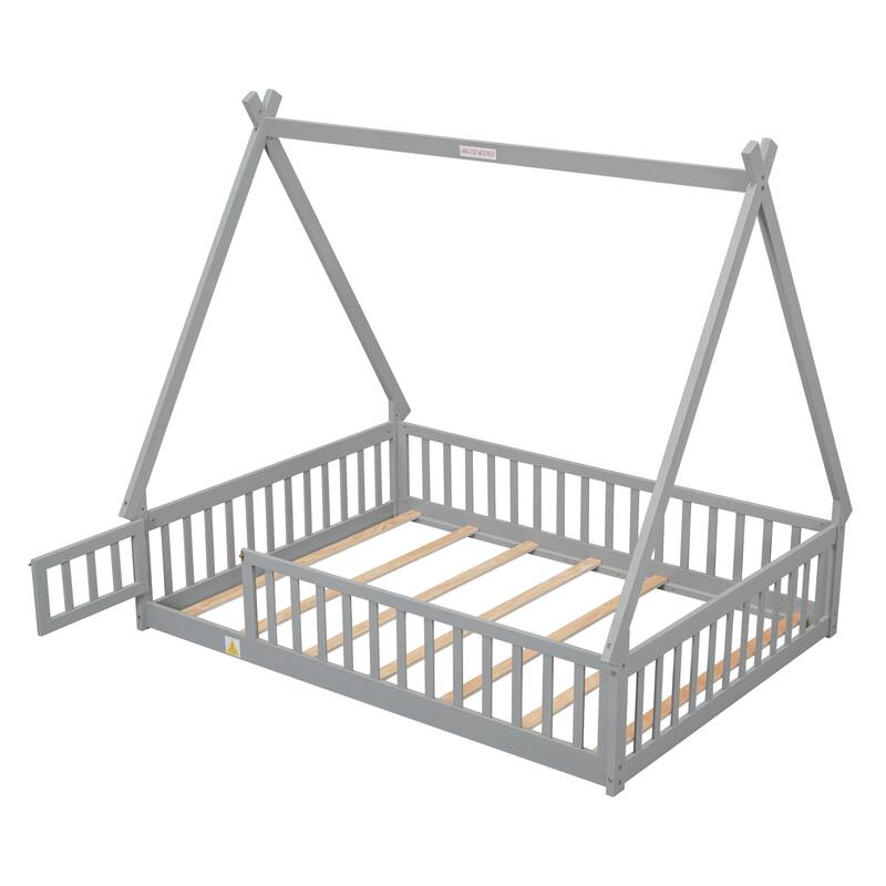 Grey Full Size Pine Wood Tent-shaped Floor Bed, with Guardrails, Slats and Door for Kids, Boys and Girls