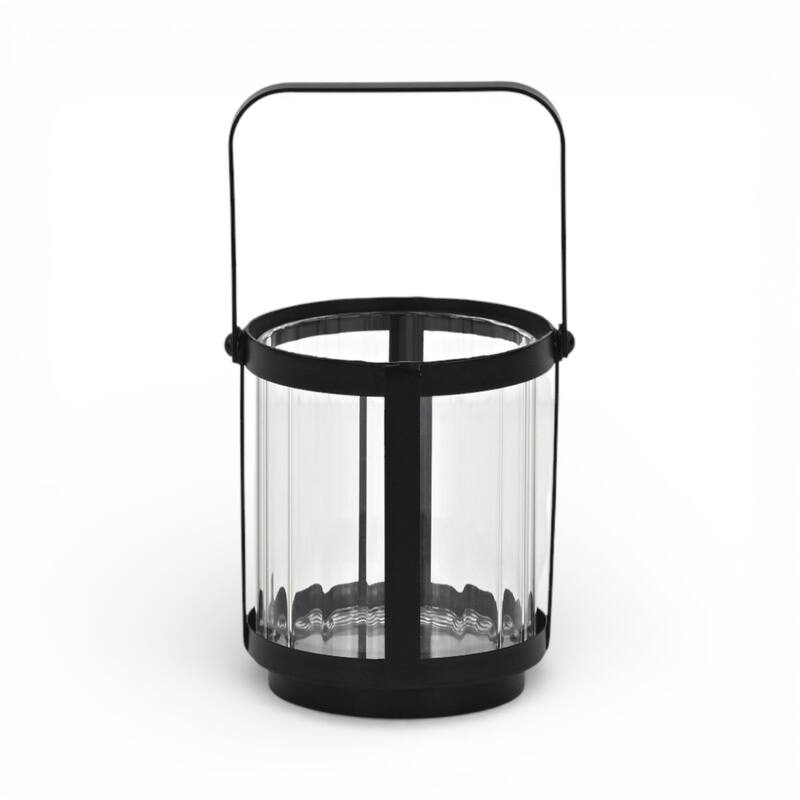 5" Clear And Black Glass And Metal Tabletop Lantern Candle Holder