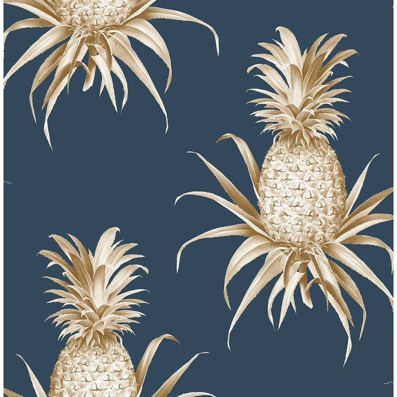 Seabrook Designs Calusa Queen Pineapples Unpasted Wallpaper - 20.5 in. W x 33 ft. L - Navy Blue & Metallic Butterscotch
