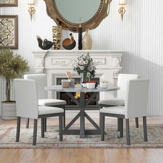 5 Piece Farmhouse Style Dining Set with Marble Sticker Dining Table and ...