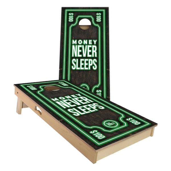 slide 2 of 9, Money Never Sleeps Outdoor Cornhole Board Set
