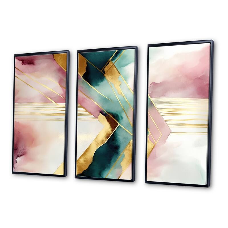 Designart "Abstract Geode Geometric Pink And Green III" Modern Geometric Framed Canvas Art Print - 3 Panels