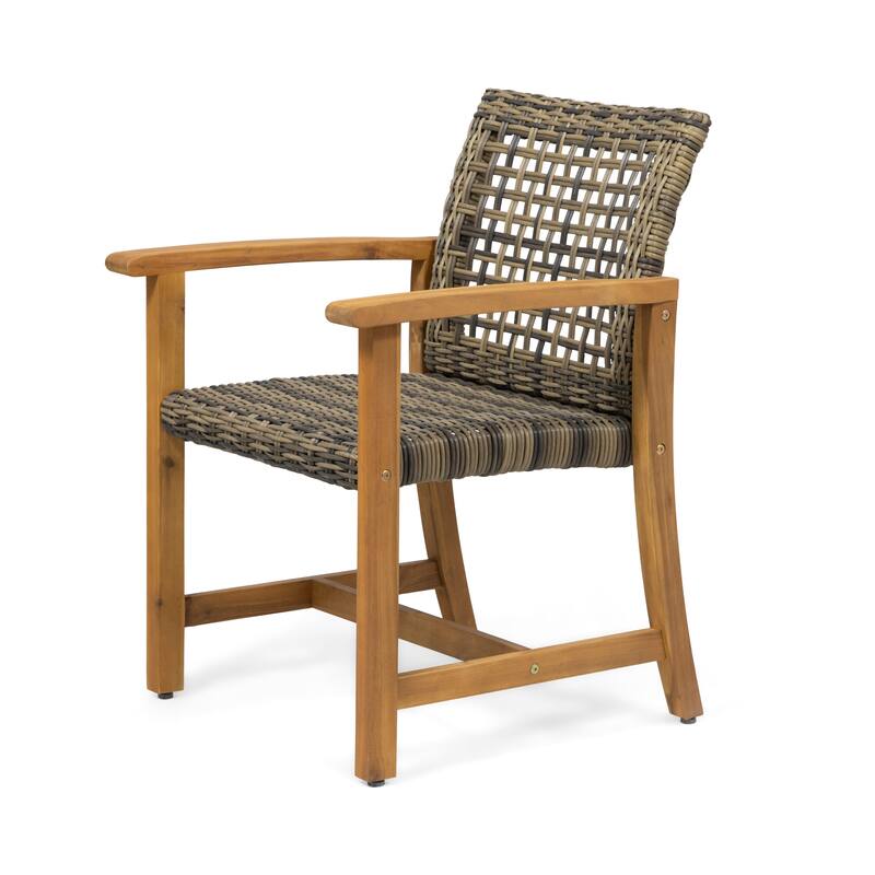 2pc Hampton Dining Chair Set Natural Stained Acacia Wood and PE Rattan Outdoor Patio Furniture 33in