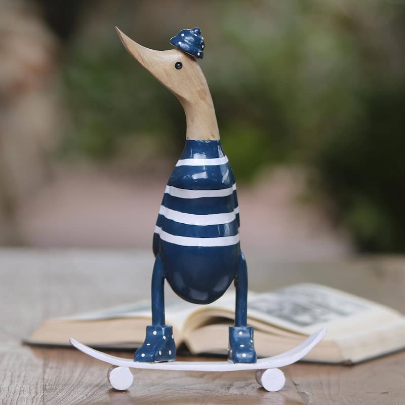 NOVICA Handmade Skateboard Duck Wood And Bamboo Root Sculpture (Indonesia) - 10.25" H x 7.75" W x 3.9" D