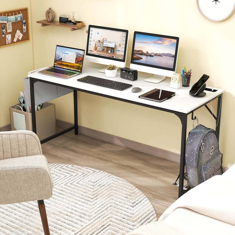 Costway 60" Modern Computer Desk with Charging Station with Storage