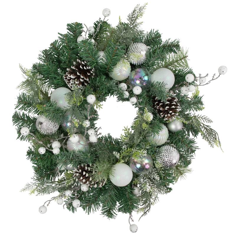 Green Pine Artificial Wreath Berries Iridescent Ornaments 24"