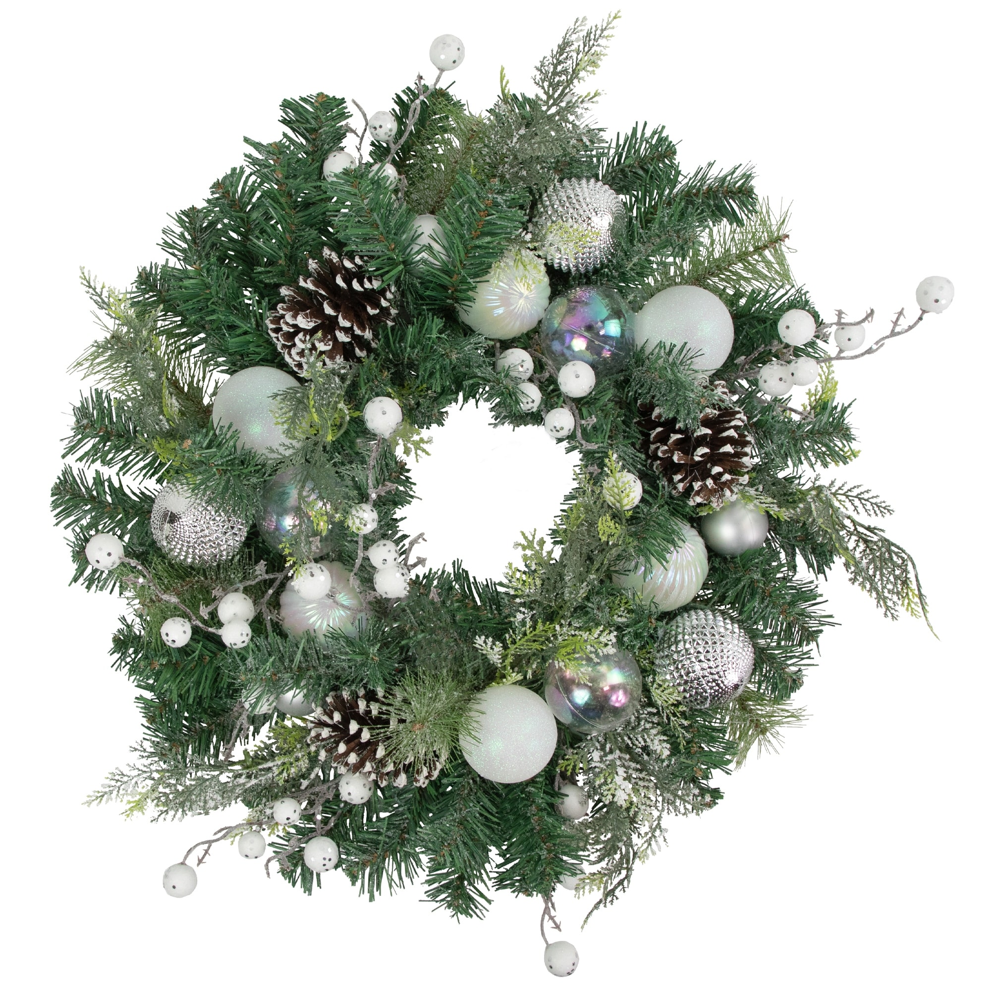 Green Pine Artificial Christmas Wreath with Berries and Iridescent Ornaments 24-Inch - 24"