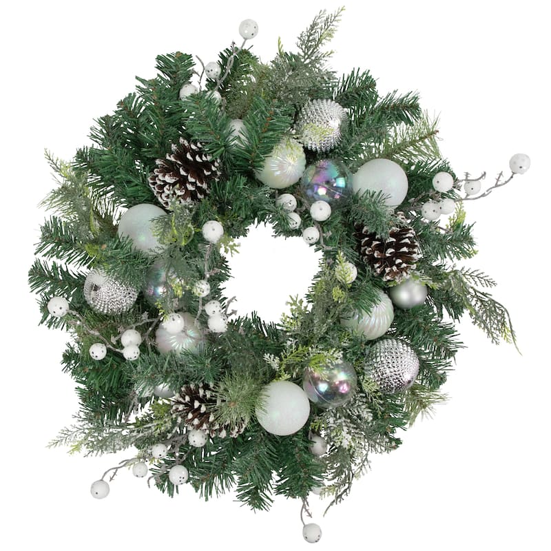 Green Pine Artificial Wreath Berries Iridescent Ornaments 24"