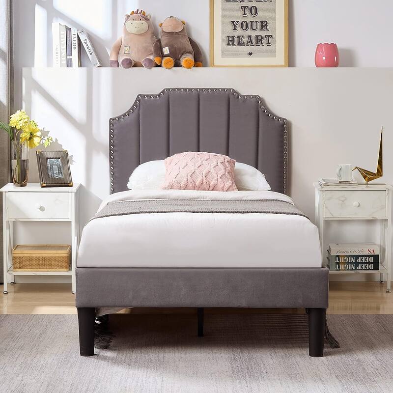 VECELO Upholstered Bed Frame with Nailhead Trim Adjustable Height Headboard, Twin/Full/Queen Size Bedframes - Grey - Twin