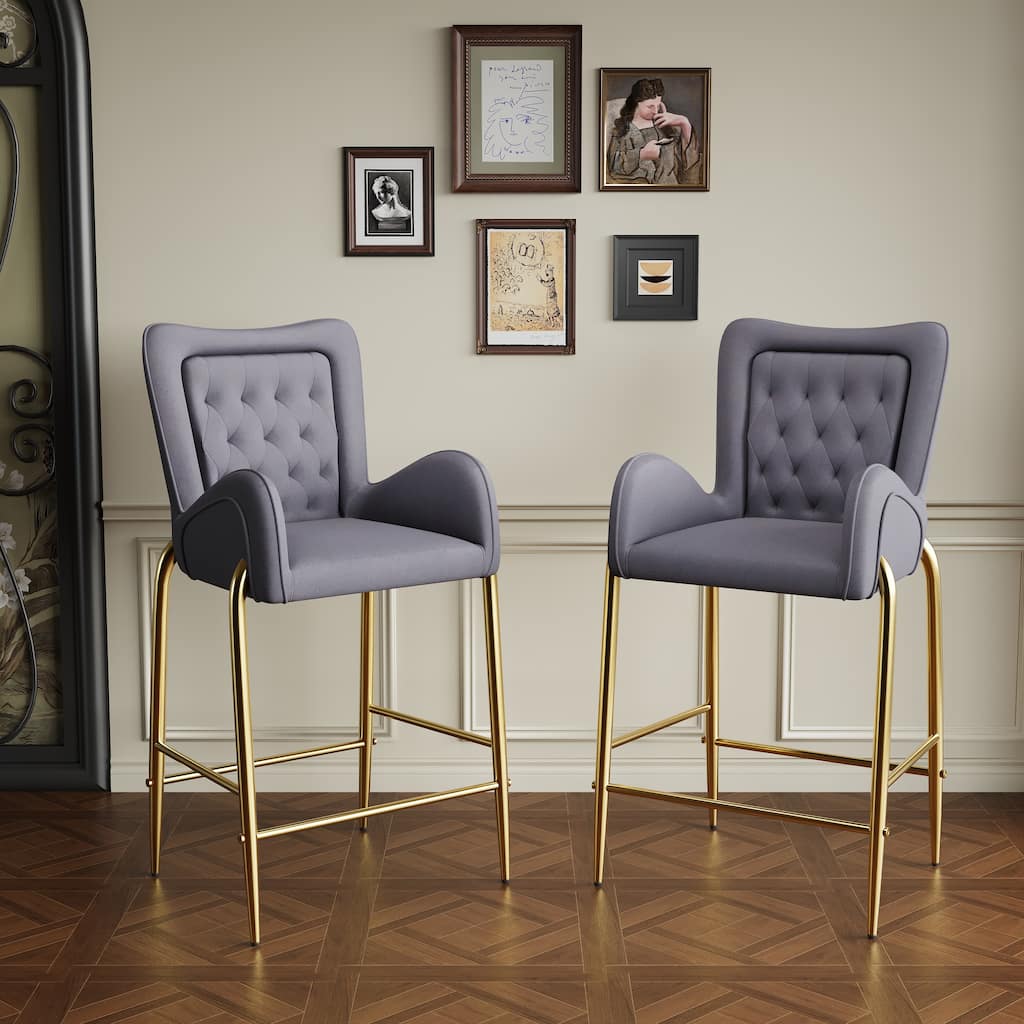 Roomfitters 28.75" Counter Height Bar Stools Set of 2, Tufted Velvet Bar Height Arm Chairs with Golden Legs and Footrests