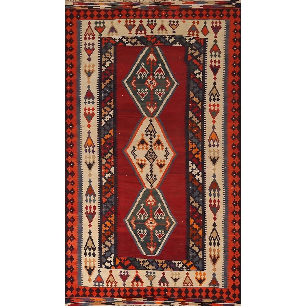 Kilim Qashqai Persian Vintage Rug Hand-Woven Tribal Red Wool Carpet - 4'9"x 8'11"