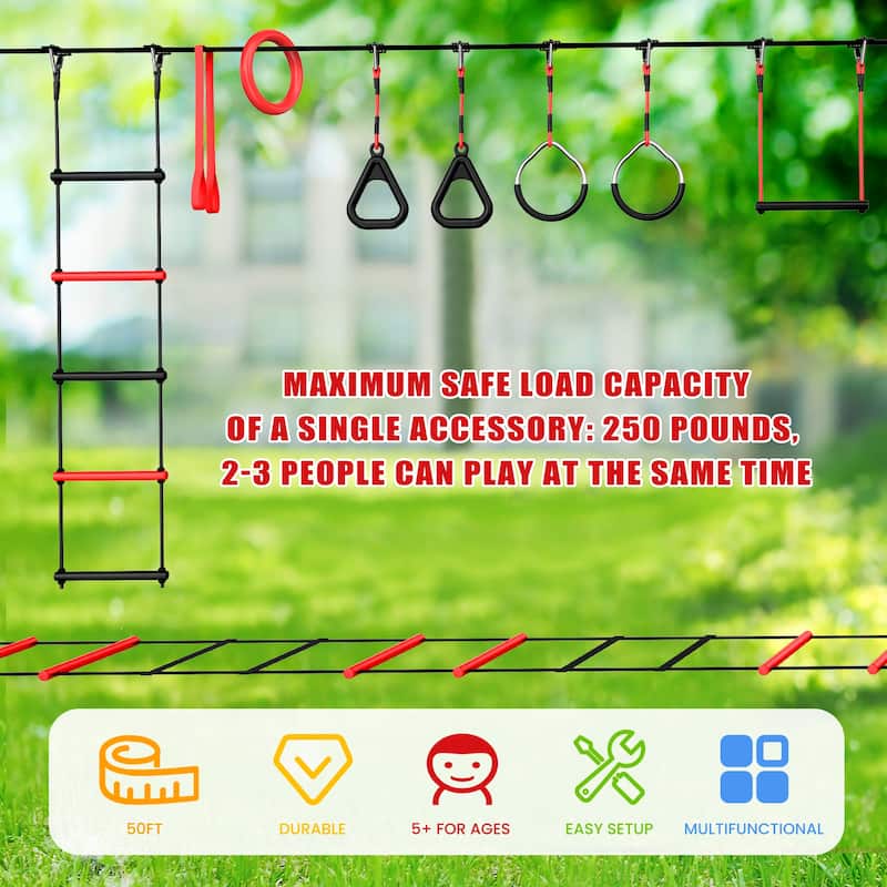 50ft Ninja Warrior Obstacle Course for Kids with Suspension Bridge Tree Slackline Jungle Gym for Backyard