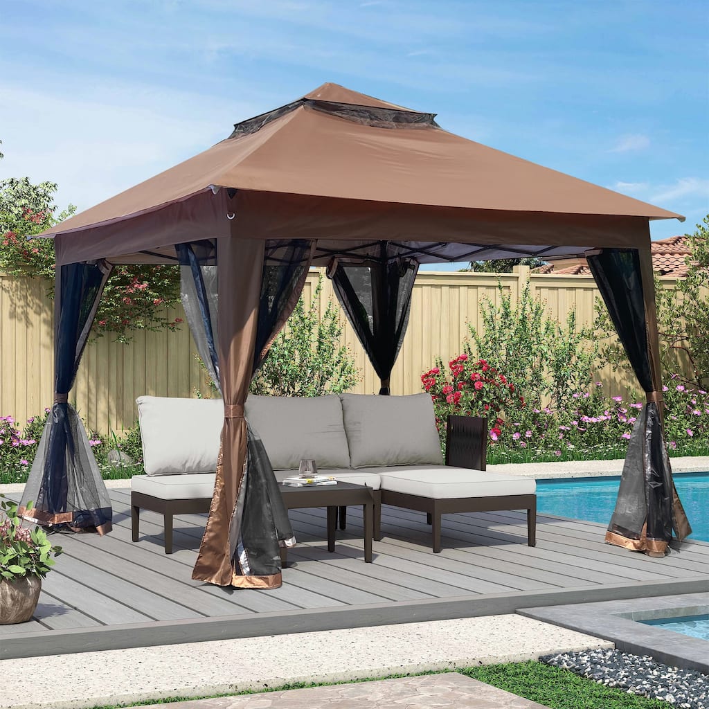 Outdoor 11x 11Ft Pop Up Gazebo Canopy With Removable Zipper Netting, 2-Tier Soft Top Event Tent For Patio with 4 Sandbags