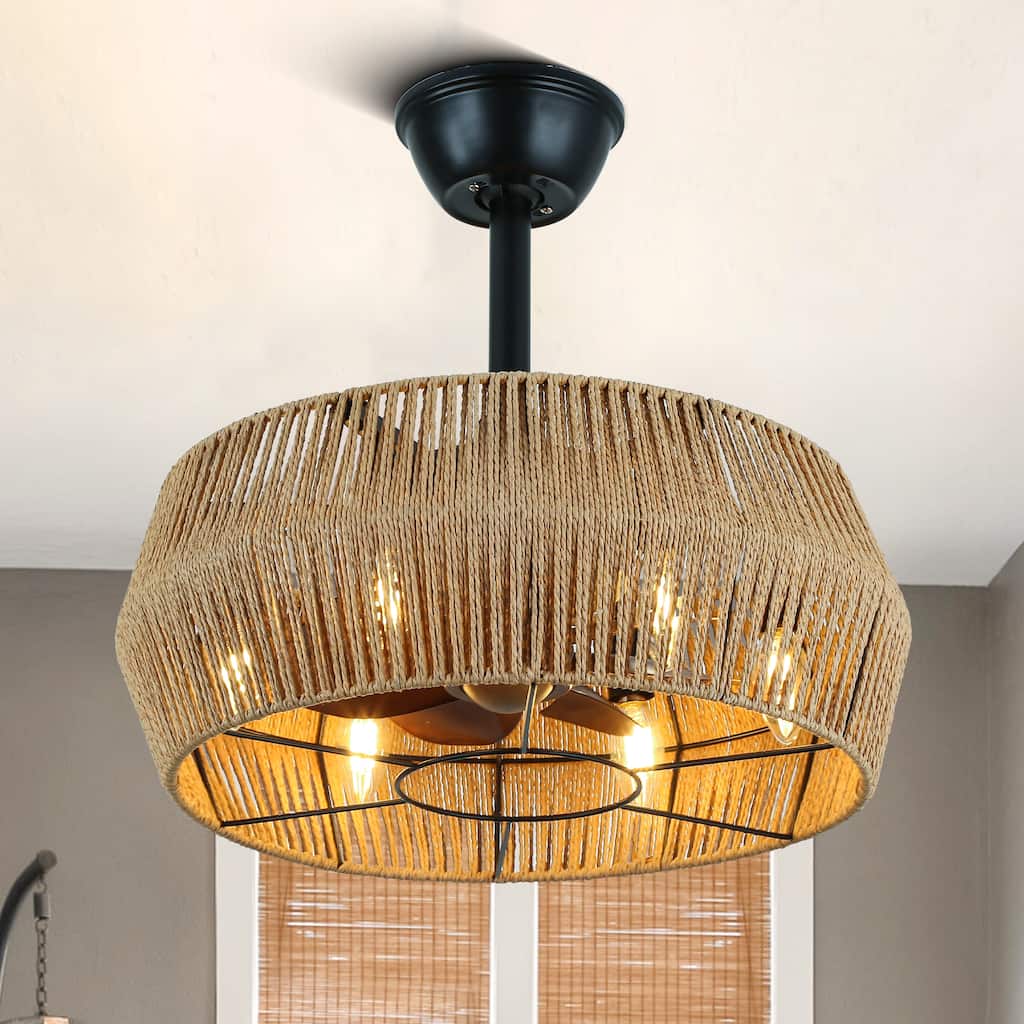 Bella Depot 18 Inches Rope-Woven Ceiling Fan with Light and Remote Control, 3-Speed Reversible Fan - 18 Inches
