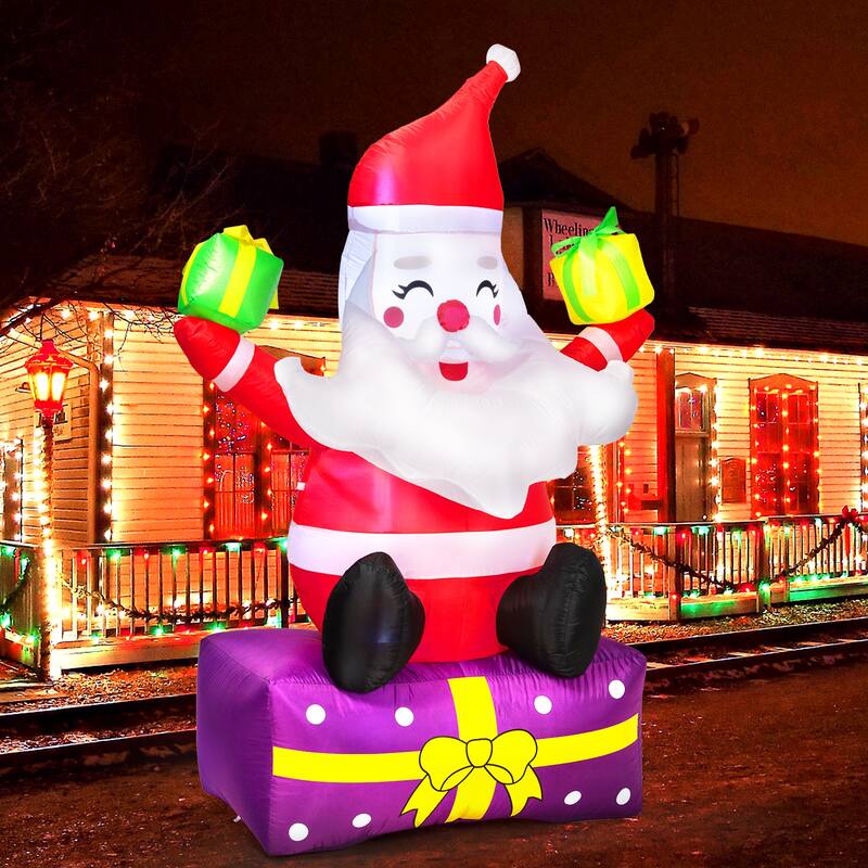 Inflatable Santa Claus with Gift Boxes,Christmas Outdoor Decorations, Blow Up Yard Decor with Built,in LED Lights, Tethers