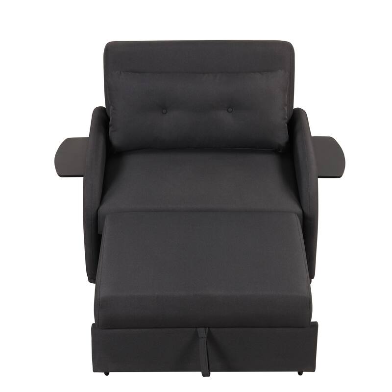 3-in-1 Pull Out Sofa Sleeper with 2 Wing Table and USB Charge, Black Linen, Living Room Use