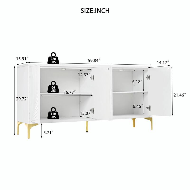 60" Carved Credenza Storage Cabinet, Handleless Press-to-Open Sideboard with 4 Doors