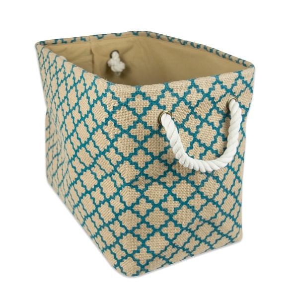 14" Brown and Teal Burlap Rectangular Small Bin with Rope Handles - N/A