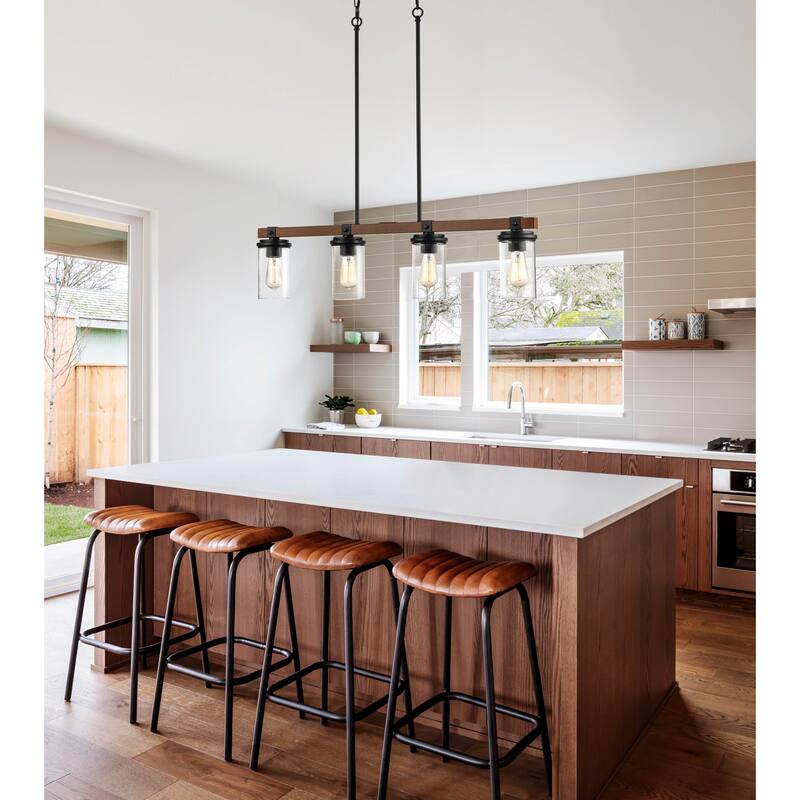 Millennium Lighting Taos 4 Light Metal Island Fixture in Matte Black/Wood Grain with Seeded Glass Shades
