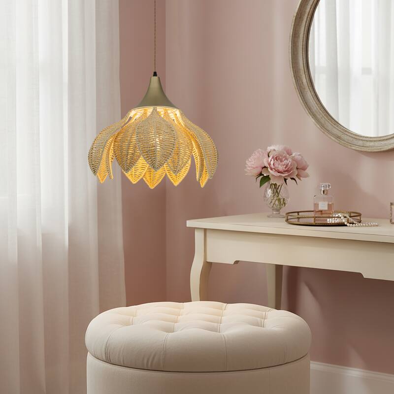 Yume 1-Light Rattan Lotus Pendant, Coastal Boho - Handwoven - 20" Wide