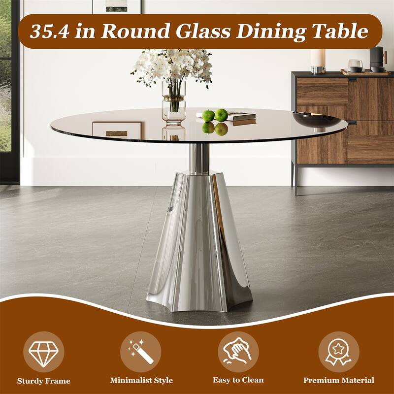 Compact Round Dining Table, Black Glass Top & Silver Flared Base