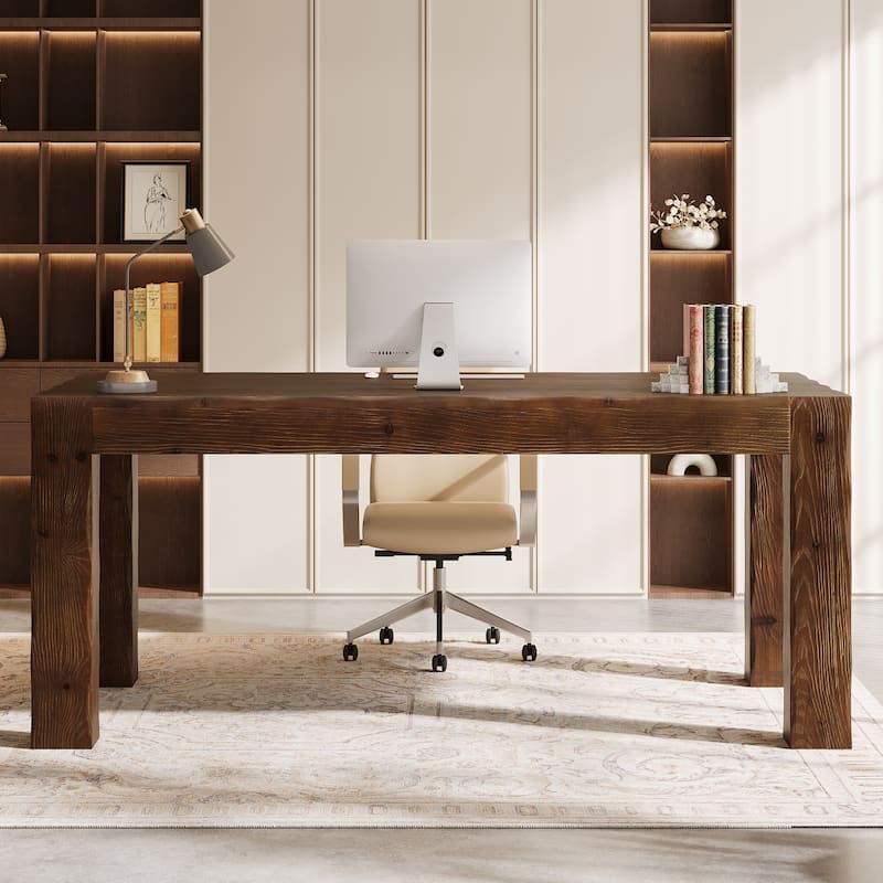 63-Inch Solid Wood Computer Desk, Large Executive Desk for Home Office