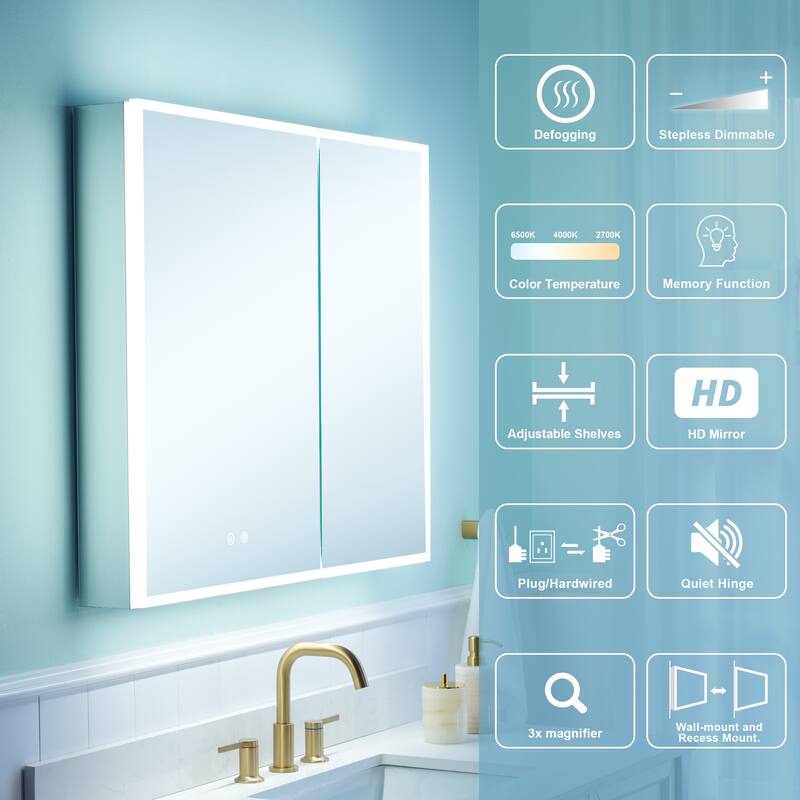 30'' H Recessed or Surface Frameless LED Mirror Cabinet With Defogger, Dimmer, Outlets & USB Ports 