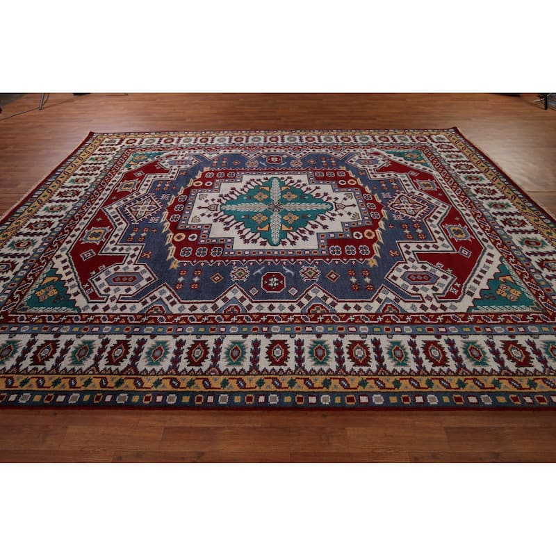 Geometric Kazak Area Rug Hand-Knotted Blue Oriental Wool Carpet - 8'10" x 11'8"