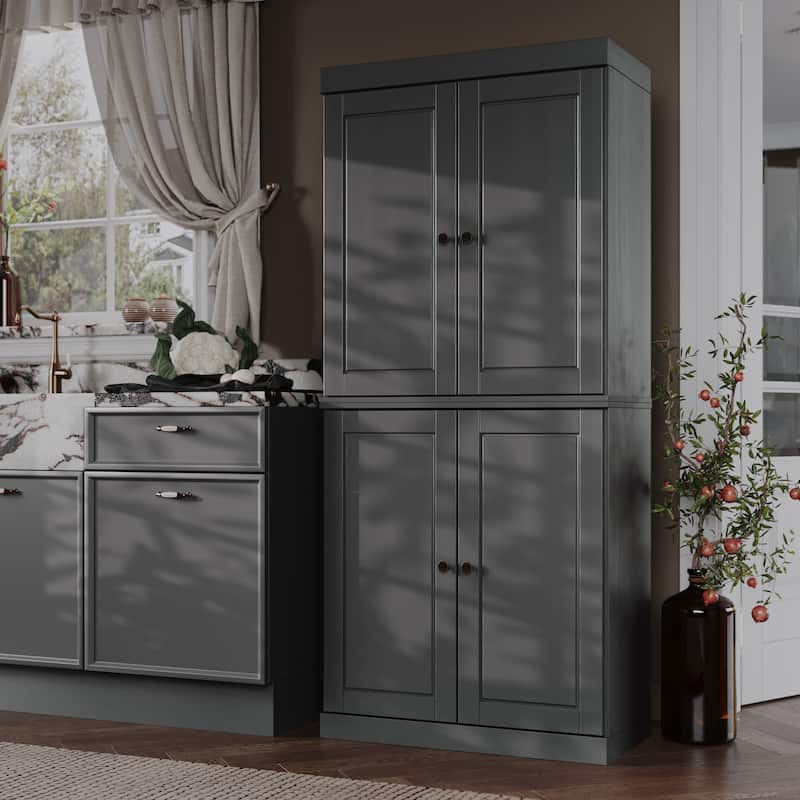 Palace Imports 100% Solid Wood Pantry Cabinet with Frosted, Clear Glass or Solid Doors and Adjustable Shelves - Gray - Solid