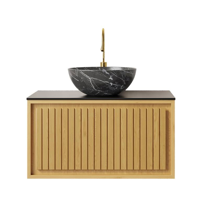 GDFStudio - Kolas Modern 30" Floating Bathroom Vanity, Corolla Oak Finish & Black Sintered Stone Countertop, WITHOUT Faucet
