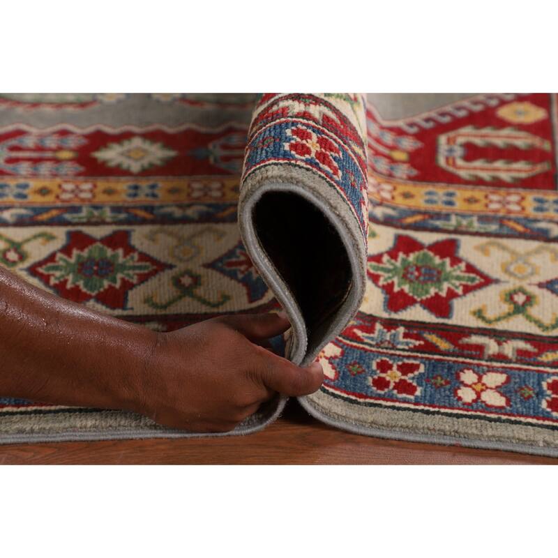 Geometric Grey Kazak Area Rug Handmade Bedroom Wool Carpet - 6'10" x 10'3"
