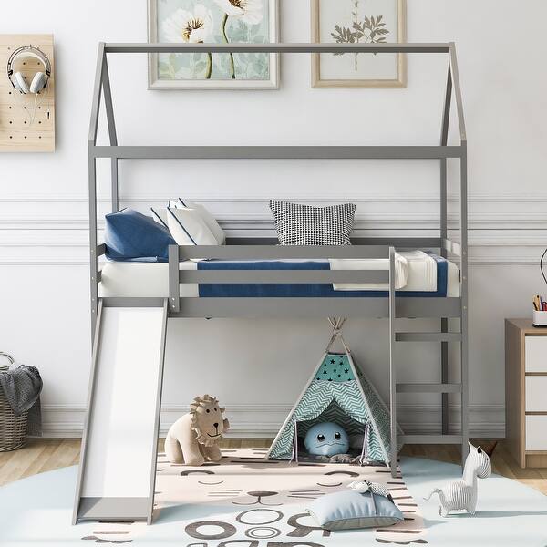 slide 2 of 10, Twin Size Loft Bed with Slide, House-shaped Bed with Ladder, Pine Wooden Bed with Guardrails for Bedroom, Gray Grey