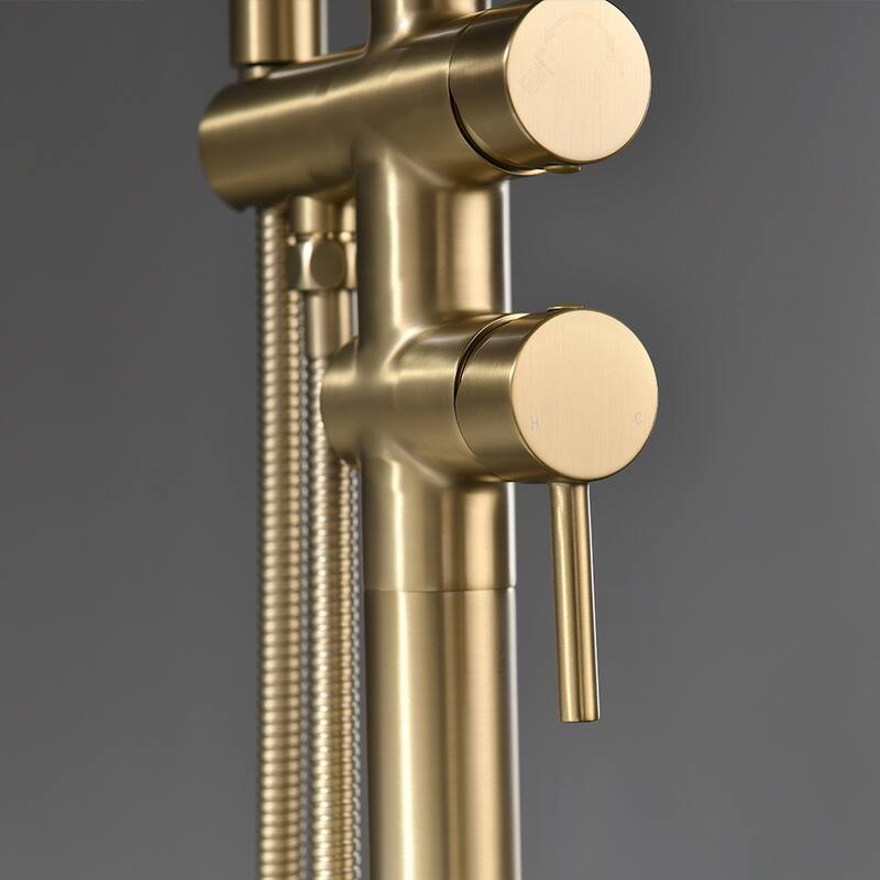 Double Handle Brushed Gold Floor Mounted Tub Filler with Hand Shower - 46.4" H
