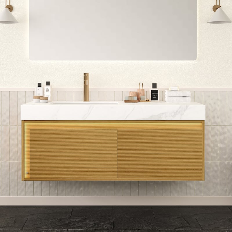GDFStudio - Nyah Modern Floating Bathroom Vanity with Ultra-Slim Grille Drawer, Sensor Light & Carrara White Sintered Stone Top - 48" - Light Oak