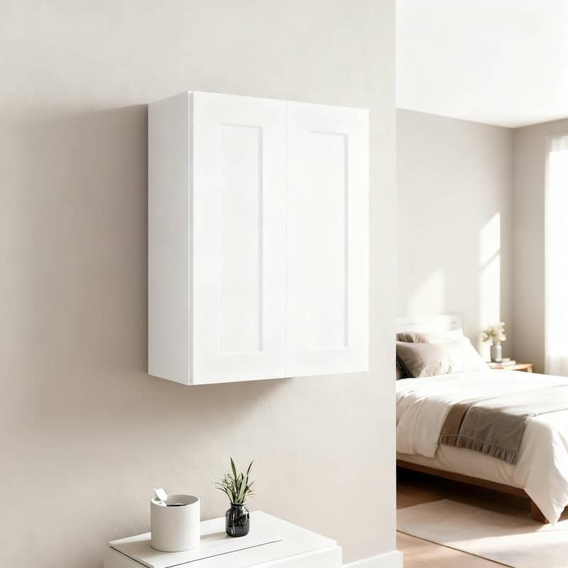 24 Inch White Shaker Double Door Wall Cabinet Solid Wood with 2 adjustable shelves for Kitchen, Bathroom and Garage Storage - White