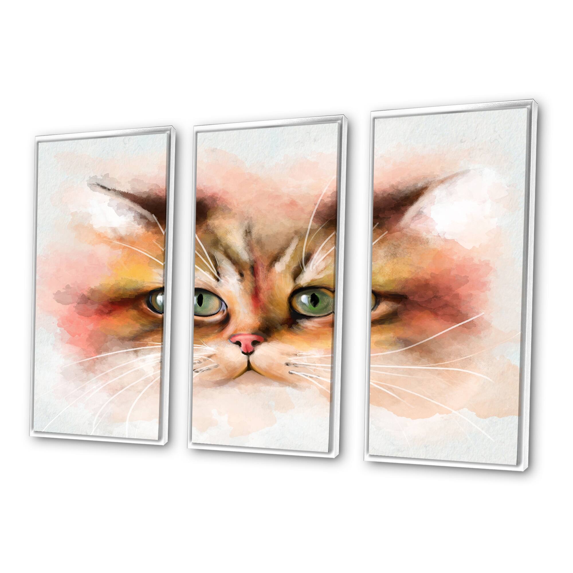 Designart "Attractive Brown Cat Watercolor" Animal Framed Art Set of 3 4 Colors of Frames
