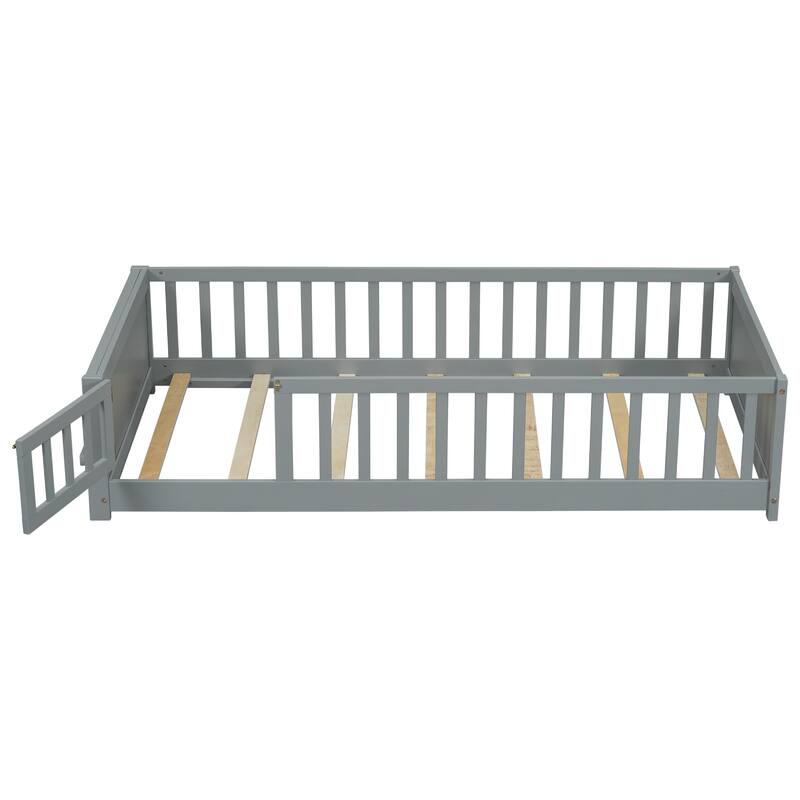 Grey Twin Size Pine Wood Floor Platform Bed with Storage Rack