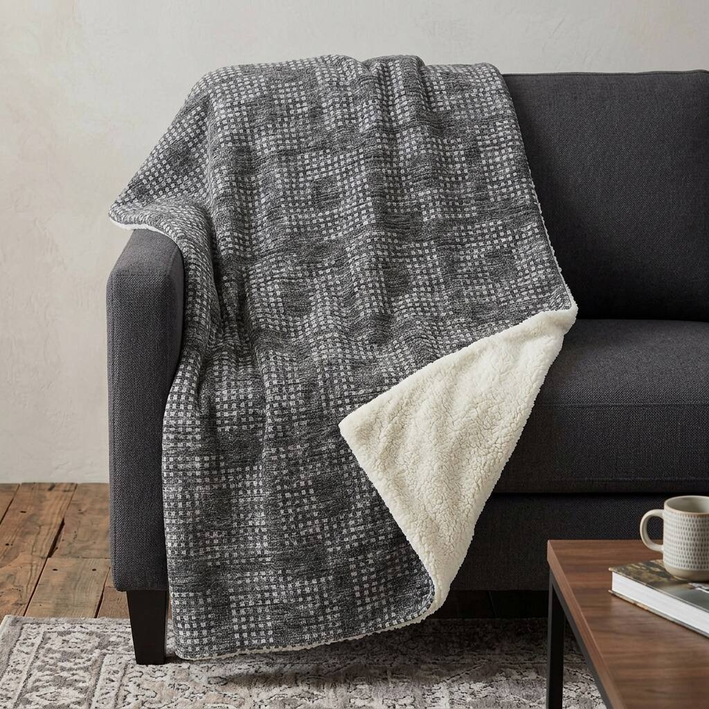 HomeRoots 50" X 70" Black And Silver Geometric Polyester Woven Plush Throw Blanket