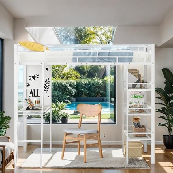 slide 2 of 15, Stylish & Simple Metal Frame Twin Size Loft Metal Bed with 3 Layers of Shelves, Whiteboard and Desk, Maximized Space, White White